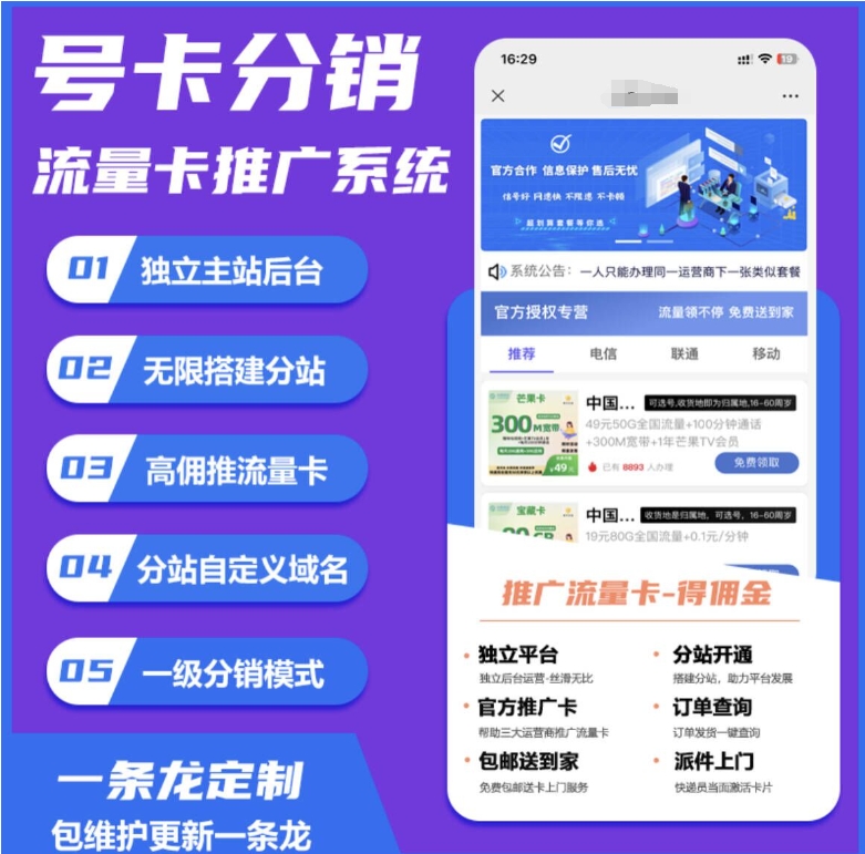 号卡CPS系统运营商直推系统搭建高返佣无限分站-十一网创