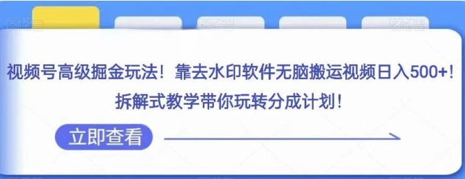 视频号高级掘金玩法，靠去水印软件无脑搬运视频日入500+，拆解式教学带你玩转分成计划【揭秘】-十一网创