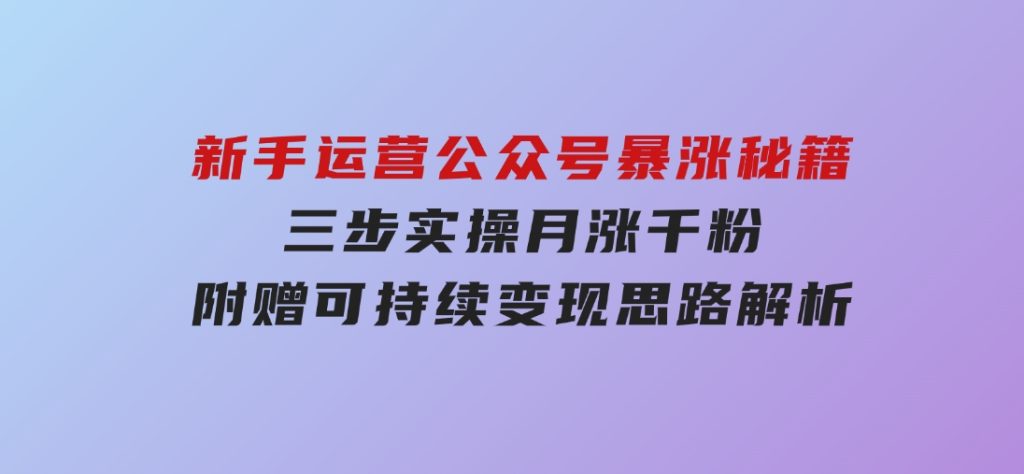 新手运营公众号暴涨秘籍，三步实操月涨千粉，附赠可持续变现思路解析-十一网创