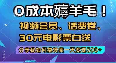 0成本薅羊毛!视频会员、话费卷、30元电影票白送，分享我如何靠转卖一天变现5张+【揭秘】-十一网创