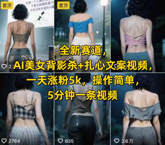全新赛道，AI美女背影杀+扎心文案视频，一天涨粉5k，操作简单，5分钟一条视频-十一网创
