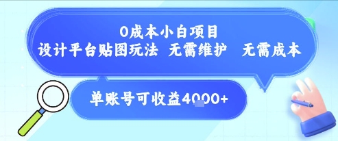 0成本小白项目，设计平台贴图玩法，无需维护，无需成本，单账号单月可产生收益4k+-十一网创