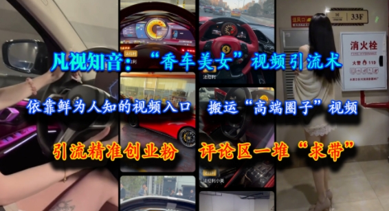 凡视知音：“香车美女”视频引流术，依靠鲜为人知的视频入口，搬运“高端圈子”视频，引流精准创业粉，评论区一堆“求带”-十一网创