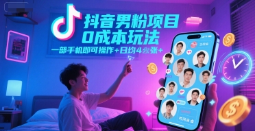 抖音男粉项目0成本玩法，一部手机即可操作，日均4张+，时间自由-十一网创