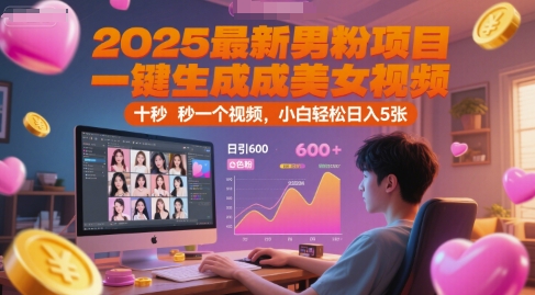 2025最新男粉项目，一键生成美女视频，日引600+色粉十秒一个视频，小白轻松日入5张【揭秘】-十一网创