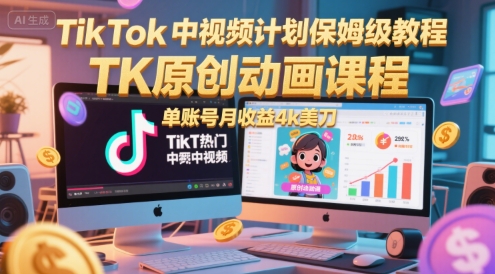 TikTok中视频计划保姆级教程，TK原创动画课程，单账号月收益4k美刀-十一网创