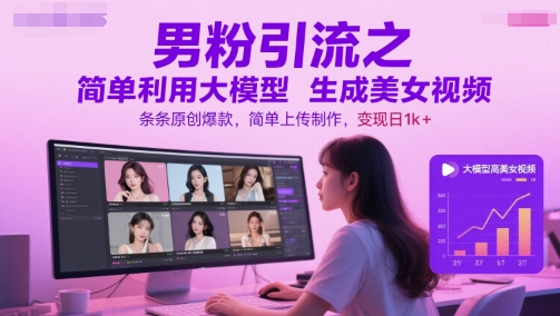 男粉引流之简单利用大模型生成美女视频，条条原创爆款，简单上传制作，变现日1k+-十一网创