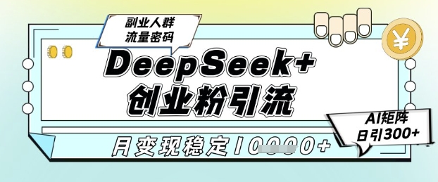DeepSeek+创业粉精准引流，全新分享课4.0玩法，AI矩阵日引300+，多种变现方式，稳定月入1W-十一网创