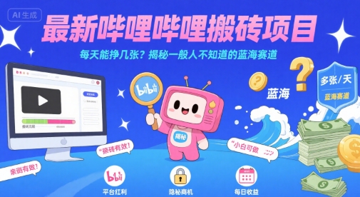 最新哔哩哔哩上B站搬砖项目，每天能挣几张？揭秘一般人不知道的蓝海赛道-十一网创