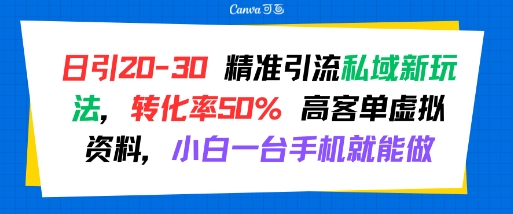 日引20-30精准引流私域新玩法，转化率50%高客单虚拟资料，小白一台手机就能做-十一网创