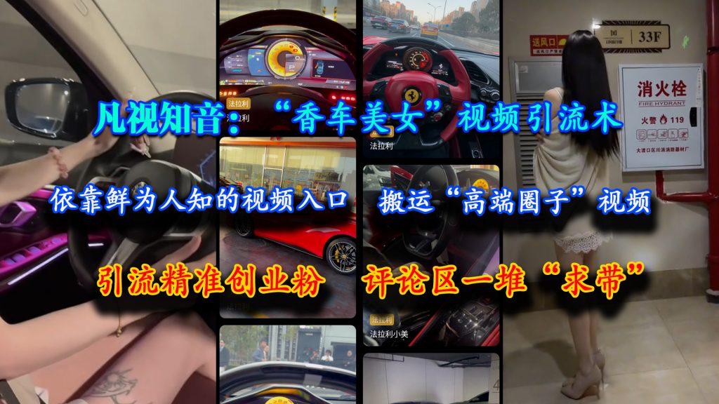 （15199期）凡视知音：“香车美女”视频引流术，依靠鲜为人知的视频入口，搬运“高端圈子”视频，引流精准创业粉，评论区一堆“求带”-十一网创