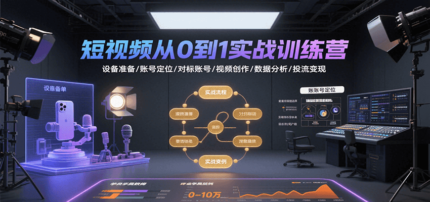短视频从0到1实战训练营：设备准备/账号定位/对标账号/视频创作/数据分析/投流变现-十一网创