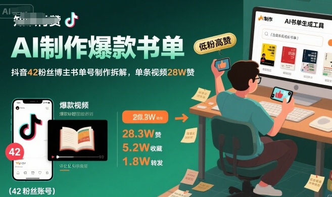 AI制作爆款书单，抖音42粉丝博主书单号制作拆解，单条视频28W赞-十一网创