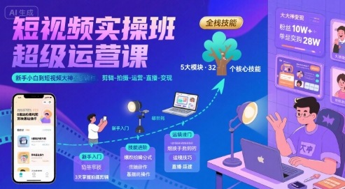 短视频实操班超级运营课，新手小白到短视频大神必修课程，剪辑-拍摄-运营-直播-变现-十一网创