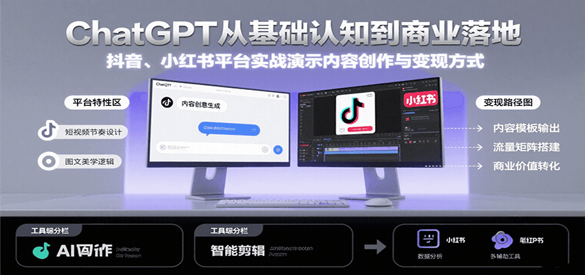 ChatGPT从基础认知到商业落地，实战演示抖音、小红书等平台的内容创作与变现-十一网创