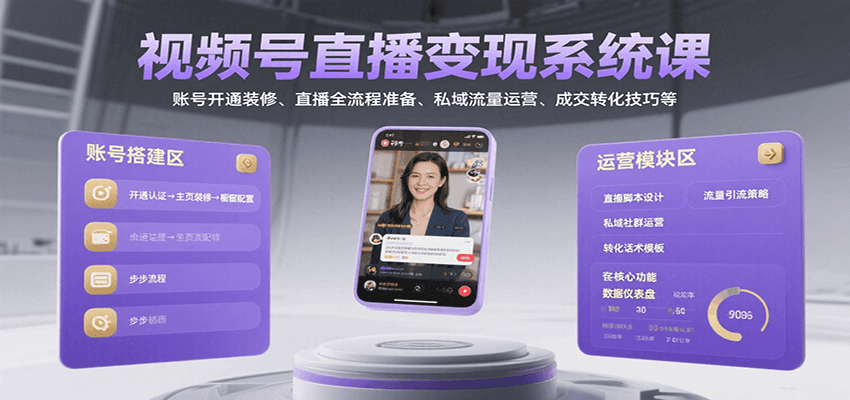 视频号直播变现系统课，账号开通装修、直播全流程准备、私域流量运营、成交转化技巧等-十一网创