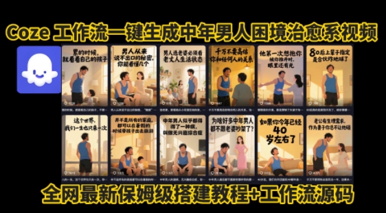 coze工作流一键生成”中年男人困境扎心高涨粉高播放量图文视频”保姆级拆解教程，无需剪辑，无需拍摄写文案-十一网创