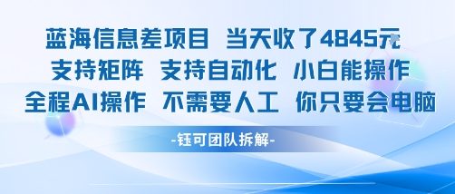 蓝海信息差项目当天收米1k+ 支持矩阵支持自动化小白能操作全程AI操作不需要人工你只要会电脑-十一网创