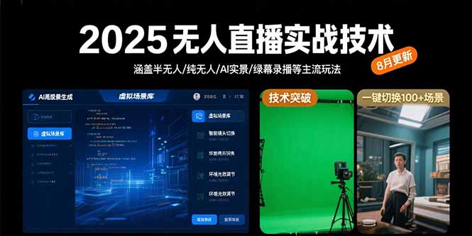2025无人直播实战技术-8月，涵盖半无人/纯无人/AI实景/绿幕录播等主流玩法-十一网创