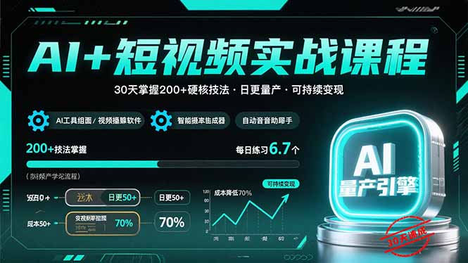 AI+短视频实战课程：30天掌握200+硬核技法，实现日更量产可持续变现-十一网创