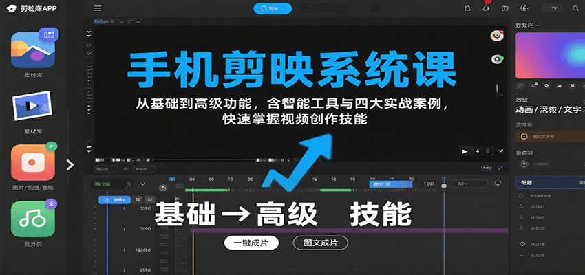 手机剪映系统课，从基础到高级功能，含智能工具与四大实战案例，快速掌握视频创作技能-十一网创