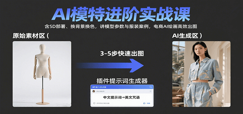 AI模特进阶实战课：含SD部署、换背景换色，讲模型参数与服装案例，电商AI绘画高效出图-十一网创
