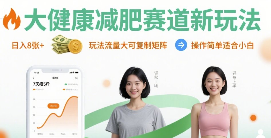 大健康减肥赛道新玩法日入8张，玩法流量大可复制矩阵，操作简单适合小白-十一网创