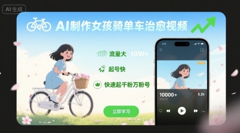 AI制作女孩骑单车治愈视频，流量大，起号快，快速起千粉万粉号-十一网创