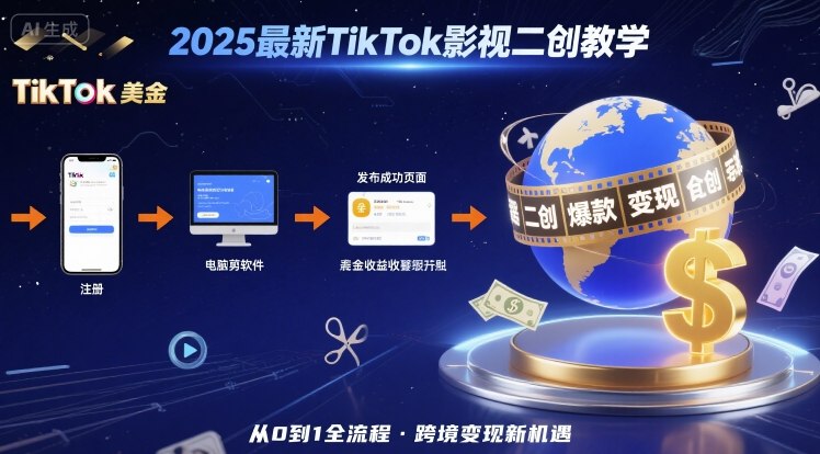 2025年最新TikTok影视二创教学，从注册到发布撸美金全流程，跨境变现新机遇-十一网创