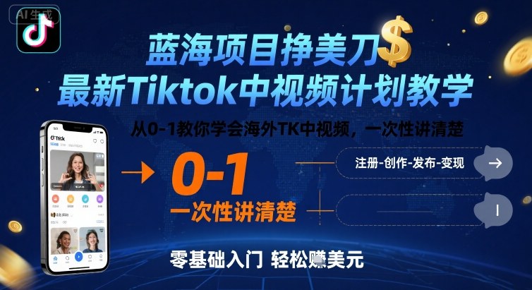 蓝海项目挣美刀，最新Tiktok中视频计划教学，从0-1教你学会海外TK中视频，一次性讲清楚-十一网创