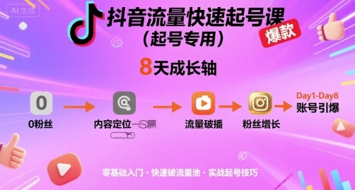 抖音流量快速起号课(起号专用)，8天带你做爆自己的账号-十一网创