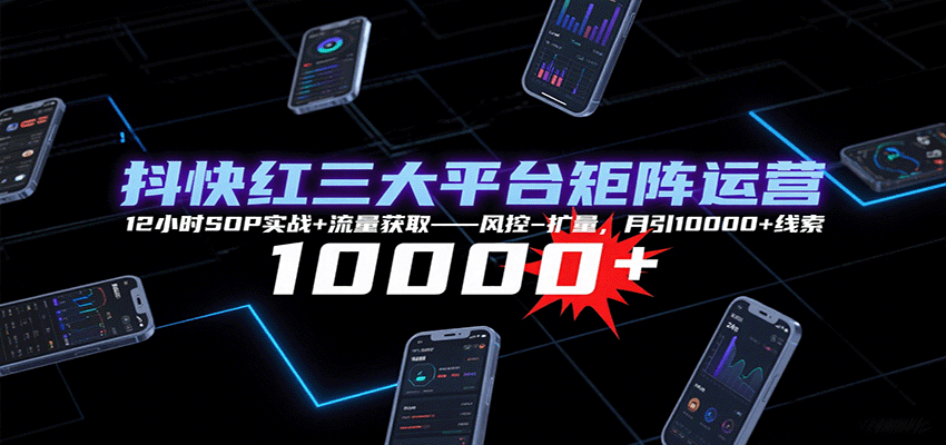 抖快红三大平台矩阵运营，12小时SOP实战+流量获取-风控-扩量，月引10000+线索-十一网创
