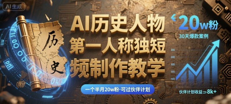 最新AI历史人物第一人称独白短视频制作教学，一个半月20w粉，可过伙伴计划-十一网创