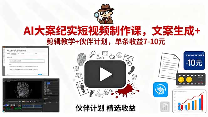 AI大案纪实短视频制作课，文案生成+剪辑教学+伙伴计划，单条收益7-10元-十一网创