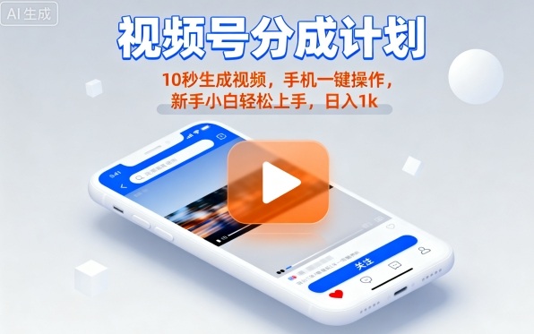 视频号分成计划懒人玩法，10秒生成视频，手机一键操作，新手小白轻松上手，日入1K【揭秘】-十一网创