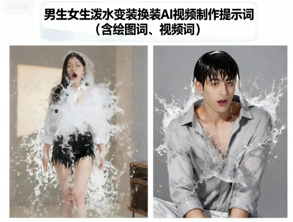 男生女生泼水变装换装AI视频制作提示词(含绘图词、视频词)-十一网创