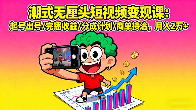 潮式无厘头短视频变现课：起号出号/完播收益/分成计划/商单接洽，月入2万+-十一网创