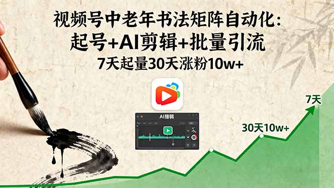 视频号中老年书法矩阵自动化：起号+AI剪辑+批量引流7天起量30天涨粉10w+-十一网创