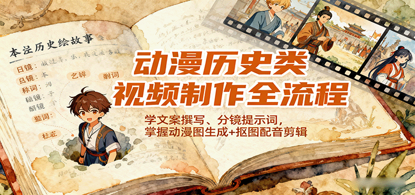 动漫历史类视频制作全流程，学文案撰写、分镜提示词，掌握动漫图生成+抠图配音剪辑-十一网创